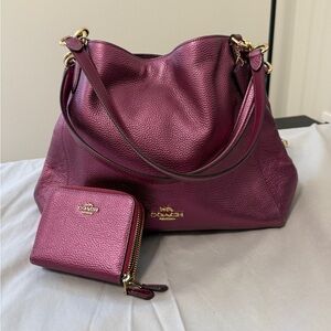 Coach Hallie Shoulder Bag, metallic berry color with new matching wallet